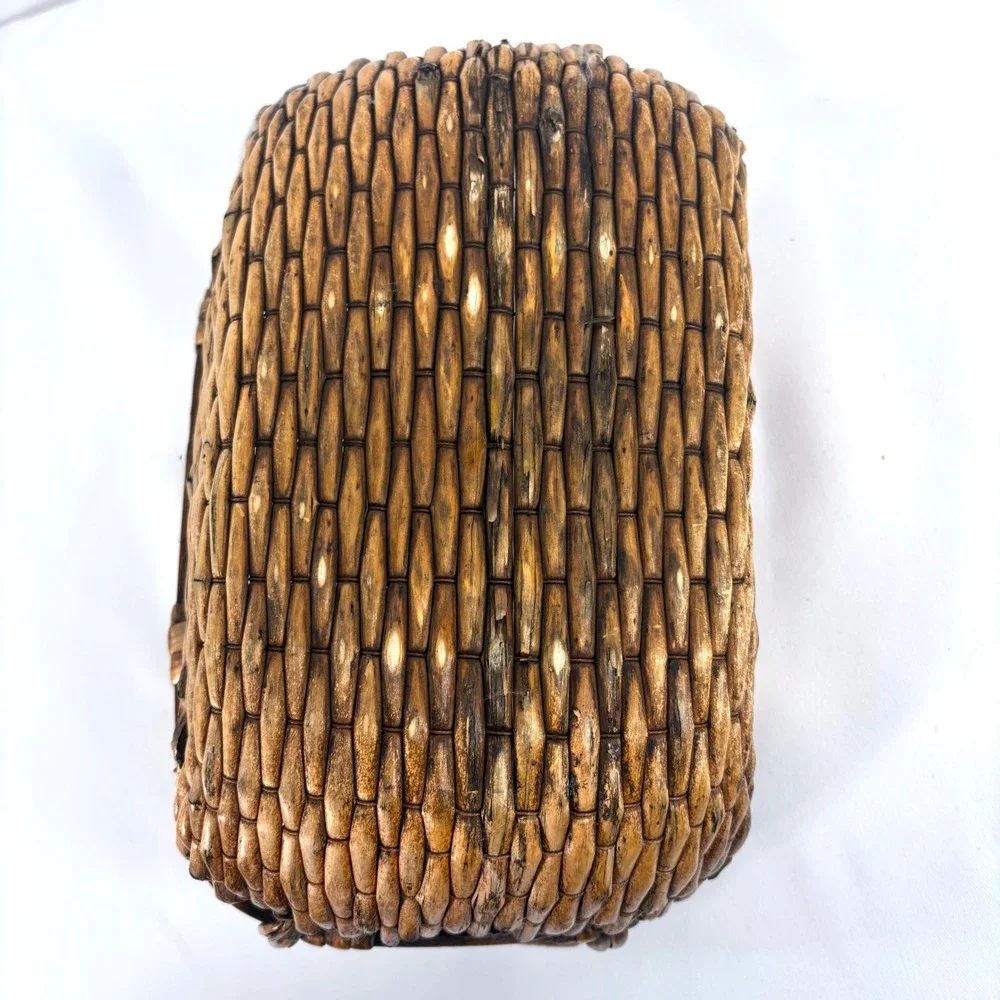 Vintage Chinese Woven Willow Basket Brown Woven Handles Wabi-Sabi